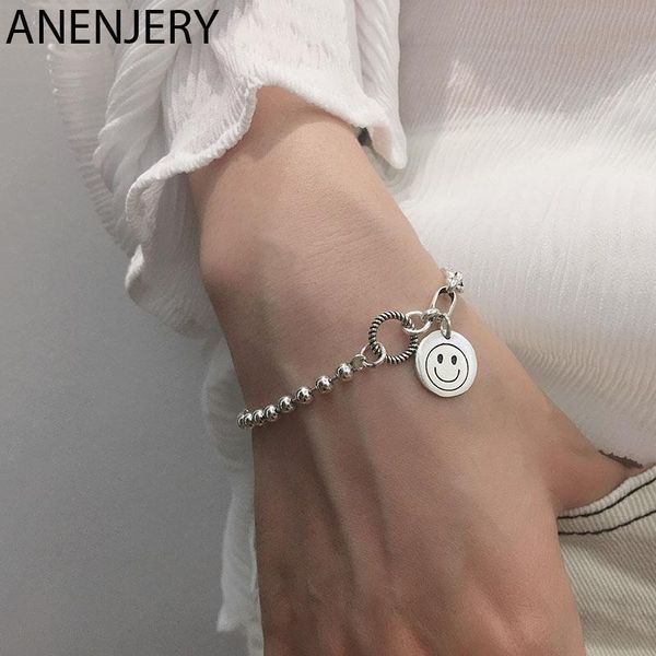 

anenjery new design smiling face asymmetric chain thai silver color bracelet for women bead chain jewelry wholesale s-b391, Black