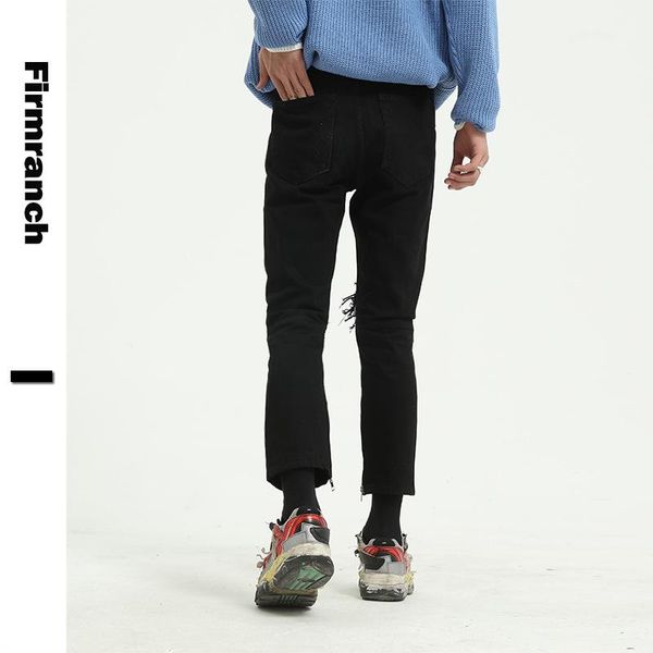 

firmranch spring men/women black ripped denim jeans slimming straight long pencil trousers boys/girls close-fitting pants, Blue