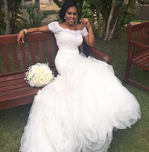

vintage african white mermaid wedding dresses bateau neck short sleeves elegant long bridal gowns lace applique sweep train vestidos