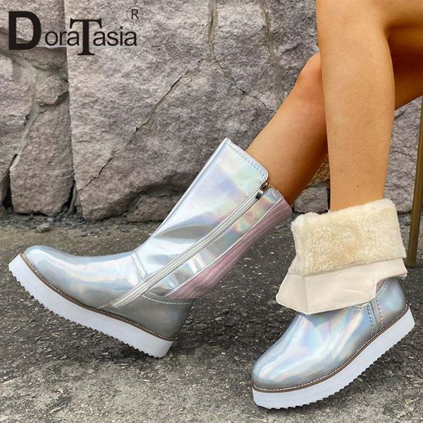 

doratasia big size 35-43 female thick bottom snow boots winter warm fur boots women platform flat with zip plush shoes woman, Black