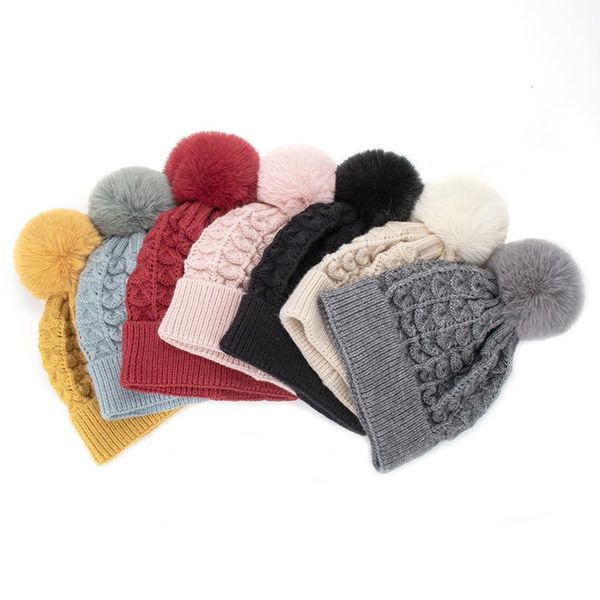 

Teenagers Hat Pompom Winter Women Knit Beanie Skiing Warm Outdoor Accessory For Girls, Blue;gray
