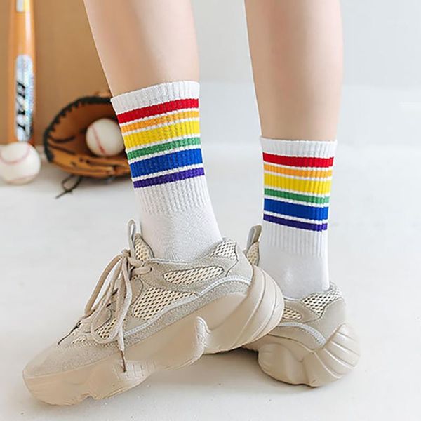 

long socks rainbow color street fashion korean sock christmas cotton cute socks skarpetki calcetines 2019 new sokken black/white1, Black;white