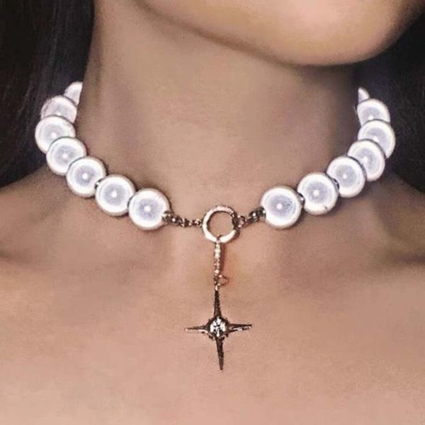 

luminous pearl cross necklace design feeling 2020 new fashion beaded clavicle women's sweater chain, Silver