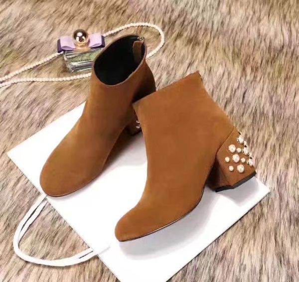 

fashion new autumn and winter ladies pearl high heel 3 cm back zipper sheep turn leather black army green frosted short boots