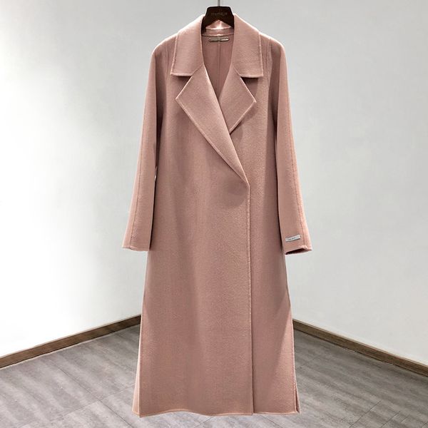 

new 2021 spring double woolen turn down collar long wool pink color women cashmere coat feminino yi6x, Black