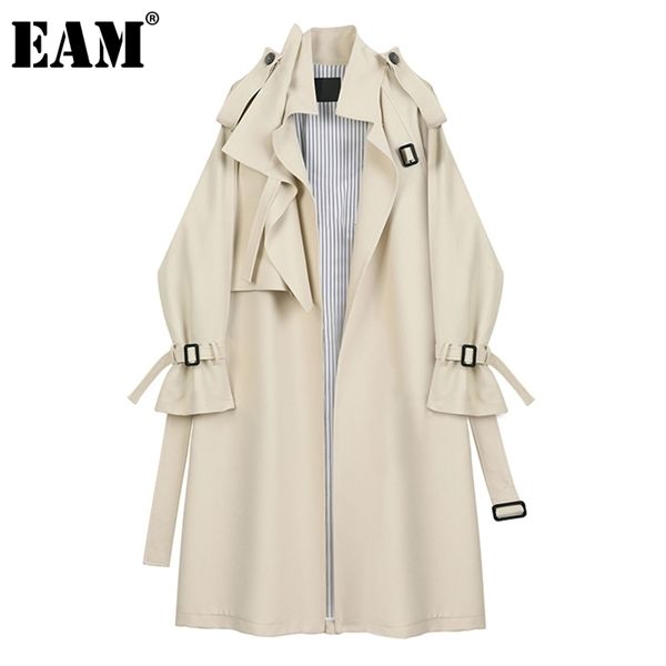 

eam] women apricot brief long big size trench new lapel long sleeve loose fit windbreaker fashion spring autumn 2020 1db107 1028, Tan;black
