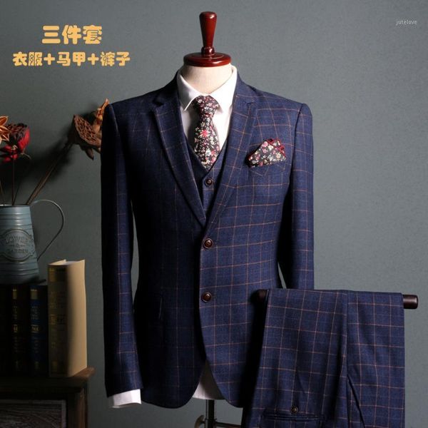 

2019 men's casual suit korean version of the wind slim lattice blue wine suit three-piece groom groomsmen wedding banquet dress1, White;black