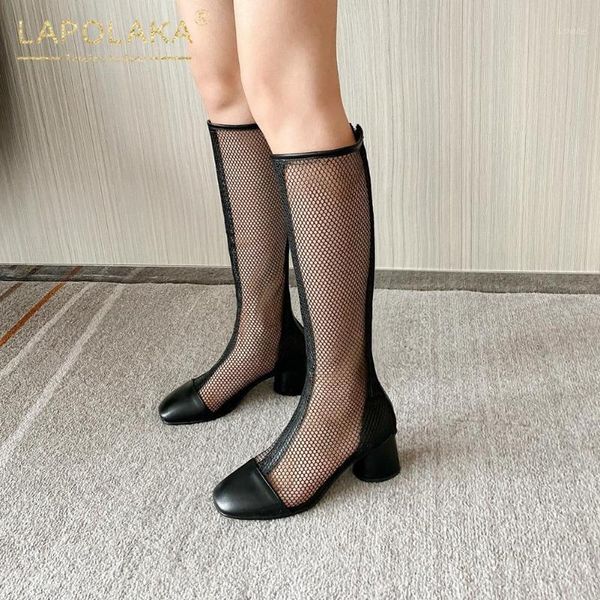 

boots lapolaka 2021 arrivals summer woman shoes mesh round heels zip up solid knee-high women footwear1, Black