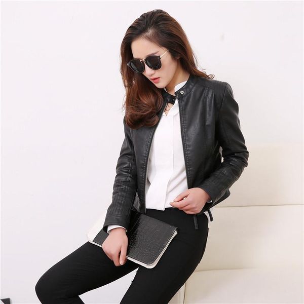 

european style o neck pu leather jacket new fashion motorcycle leather outwear women slim biker coat basic streetwear1, Black