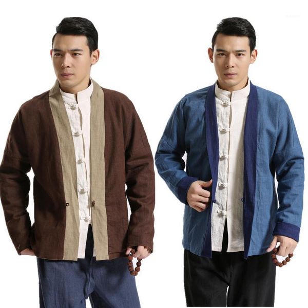 

chinese style spring and autumn pure linen men's outer coat v neck reversible casual cardigan coat jacket1, Black;brown