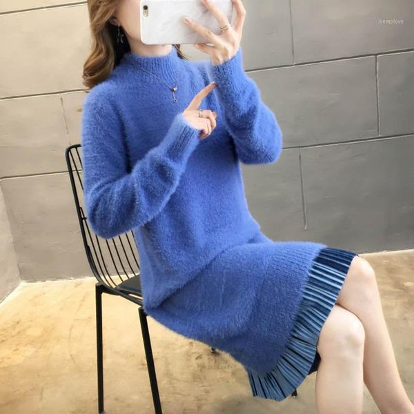 

fashion faux mink velvet long knitted sweater dress women thicken o-neck autumn winter clothes soft warm pullover women c67331, White;black