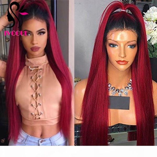 

long virgin peruvian gluless ombre human hair full lace wigs ombre burgundy 99j root black silky straight ombre lace front wig, Black;brown