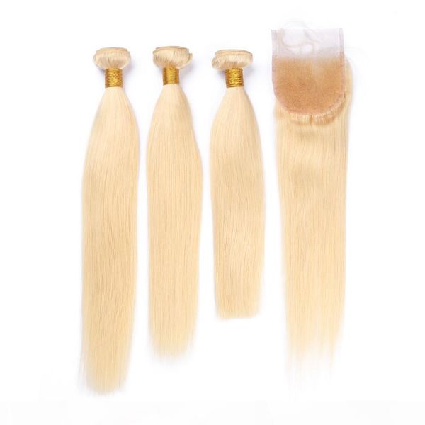 

#613 blonde virgin hair bundle deals with closure silky straight 4x4 lace closure piece with bleach blonde human hair weaves double wefts, Black;brown