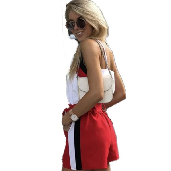 

mvgirlru summer casual two piece set v neck sling and belted elastic waist shorts women's tracksuit, Gray