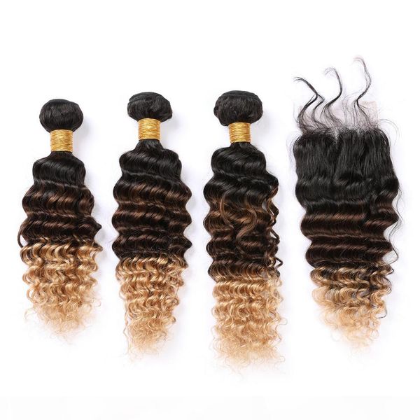 

#1b 4 27 ombre human hair bundles with lace closure black brown to honey blonde 3tone ombre malaysian deep wave human hair weaves