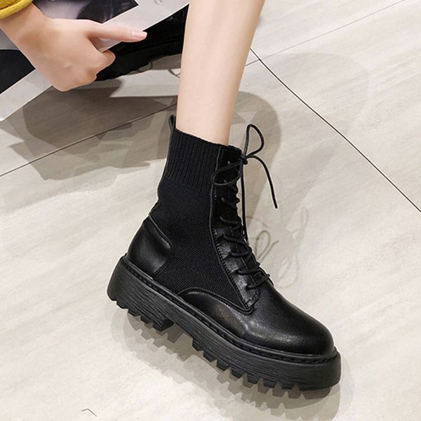 

women bootswomen army combat ankle boots woman lace up shoes autumn winter brand platform boots ladies casual leather fashion footwear new, Black