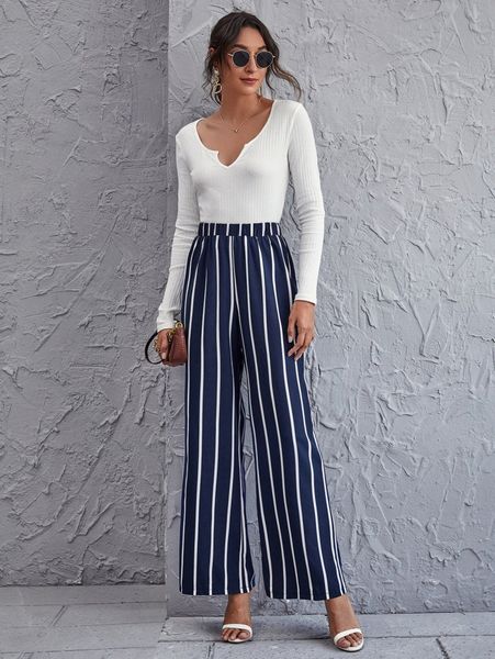 

high waist striped wide leg pants f3pk#, Black;white