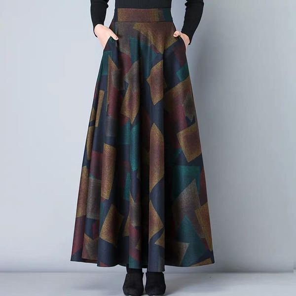 

vintage a-line high waist woolen skirts 2019 autumn winter fashion women's wool maxi skirts female casual long streetwear, Black