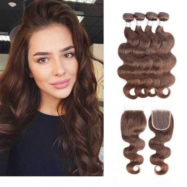 

#4 chocolate brown hair bundles with closure brazilian body wave hair 4 bundles with 4*4 lace closure 100% remy human hair extensions, Black;brown