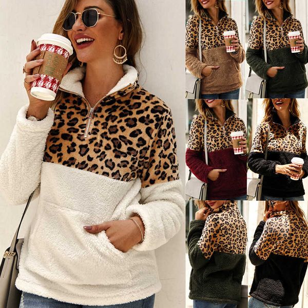 

women leopard patchwork pullover long sleeve zipper sherpa sweatshirt soft fleece outwear with pockets hoodie coat ljja3035, Black