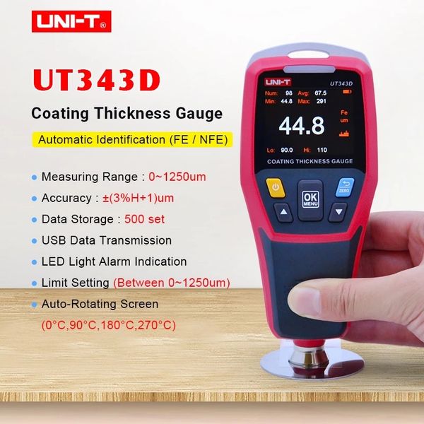 Misuratore di spessore UNI-T UT343D Misuratore di spessore per rivestimento digitale Misuratore di spessore della vernice per auto Misurazione FE / NFE con funzione dati USB