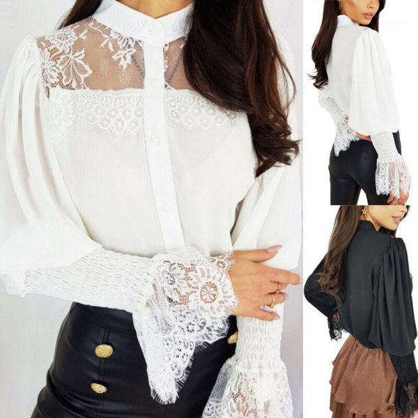 

women shirts lace mesh long sleeve office ladies office lady casual shirt solid button loose basic daily see through 20211, White