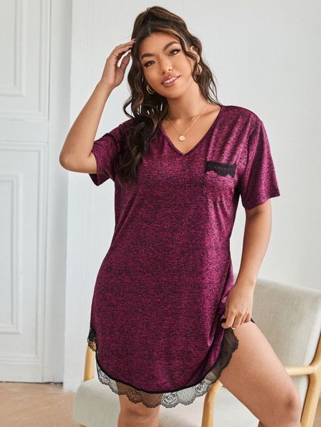 

plus marled lace trim nightdress y271#, Black;white