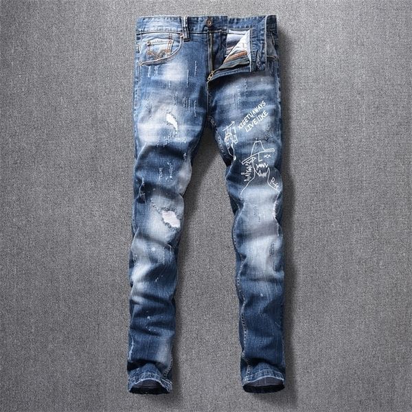 

fashion streetwear men jeans retro blue ripped denim pants elastic slim fit printed designer hip hop long trousers 201111
