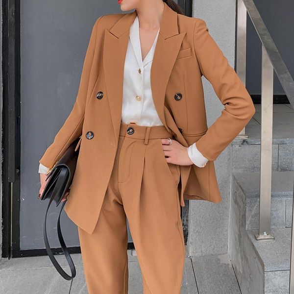 

spring autumn fashion casual blazer women's office suit slim jacket high waist wide leg pants suit 2 piece sets female trousers, White
