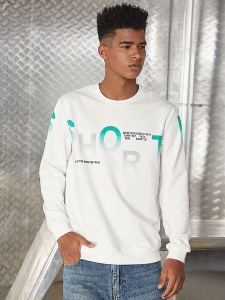 

men slogan graphic round neck pullover z7th#, Black