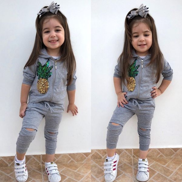 

baby girl sports clothes clothing set long sleeve sequin pineapple hooded coat pants 2 pcs fashion infants wear winter autumn outfits, White