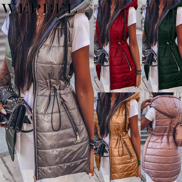 

women's vests wepbel winter solid color slim long coat casual sleeveless zipper pocket hooded warm jacket, Black;white
