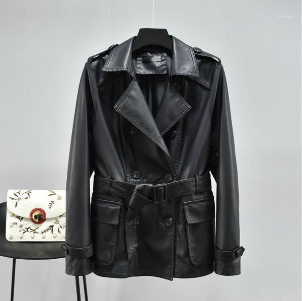 

coat new black pu leather jacket women slim faux leather coat ladies qualities double breasted belt luxury jacket1