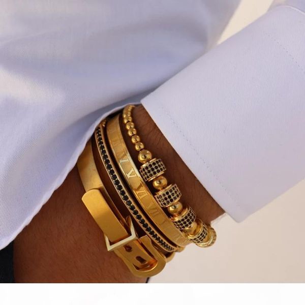 

men bracelets 4pcs set men titanium steel roman numeral bracelet horseshoe buckle bangles pulseira bileklik luxury handmade jewelry, Golden;silver