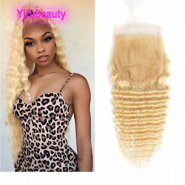 

malaysian 9a 613# color deep wave lace closure 4x4 size blonde wholesale virgin hair closures 10-22inch curly, Black;brown