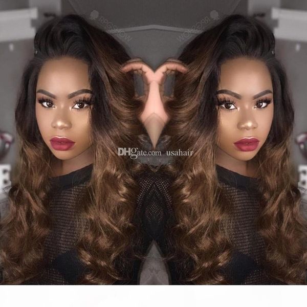 

ombre 1b 30# color brazilian human hair full lace wig loose wavy two tone lace front wig glueless wigs, Black;brown