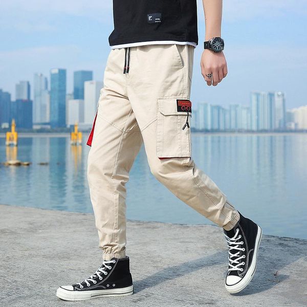 

men's plus size cargo pants men elastic waist hip hop mens fashion streetwear workout style cotton trousers kg-691, Black