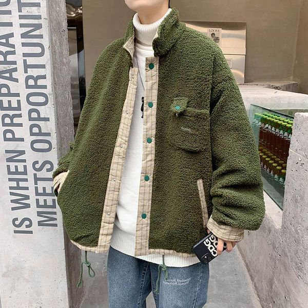 

men's down & parkas 2021 winter thicken lamb in warm cashmere trench coats loose plaid plush casual snow jackets cotton-padded clothes, Black