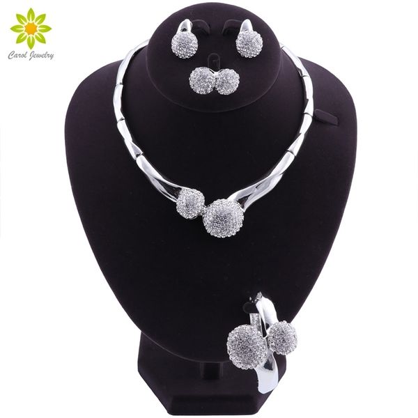 

african bridal jewelry sets silver plated women wedding party jewelry set crystal statement choker necklace earrings set 201222, Slivery;crystal