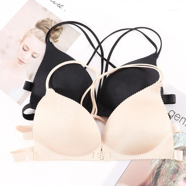 

bras women seamless bra gather push up front closure cross adjustable strap wireunderwear brassiere, Red;black