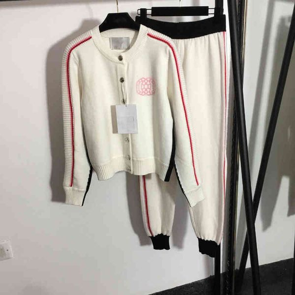 

two piece women pants knitted tracksuit sets knitting customized small fragrant button round neck cardigan + trousers womens apparel, White