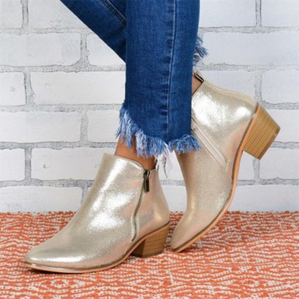 

women's ankle boots shoes fashion zip glitter 2020 women pu leather square heel boots female waterproof ladies shoes botas mujer, Black