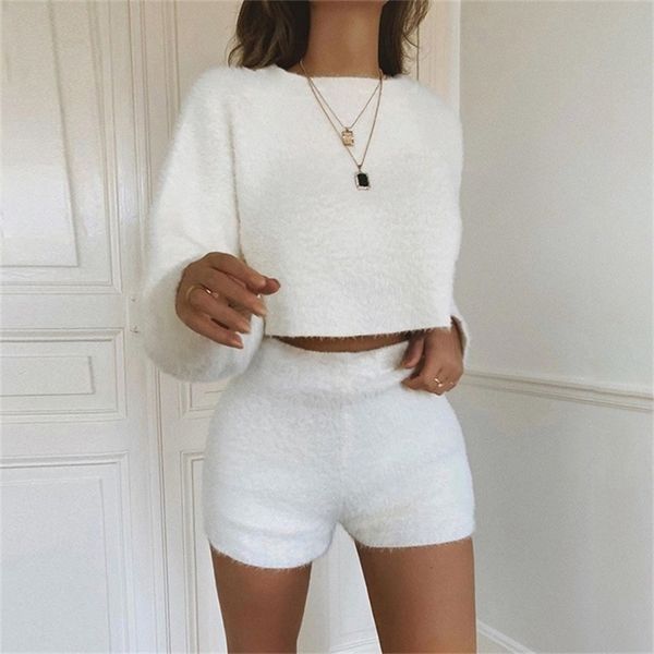 

winter soft fluffy tracksuits for women two pieces set solid crop shorts outfit fashion velvet tracksuit clothing undefined y201128, White