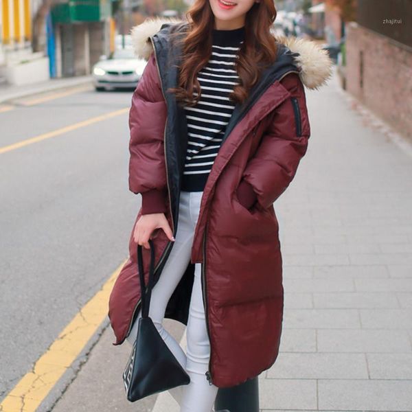 

fashion cotton padded jacket women korean ladies casual hood fur collar long parkas thick warmness winter coats red minimalist1, Black