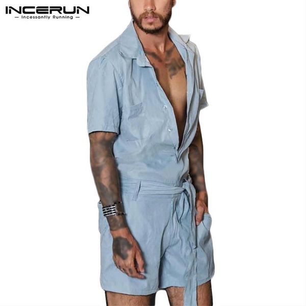 

men rompers solid color lapel streetwear short sleeve button casual jumpsuit 2021 fashion cargo overalls men with belt incerun, White;black