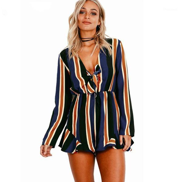 

summer bohemian beach side women girl playsuits jumpsuits long sleeve body feminino v-neck blue striped rompers bodysuits1, Black;white