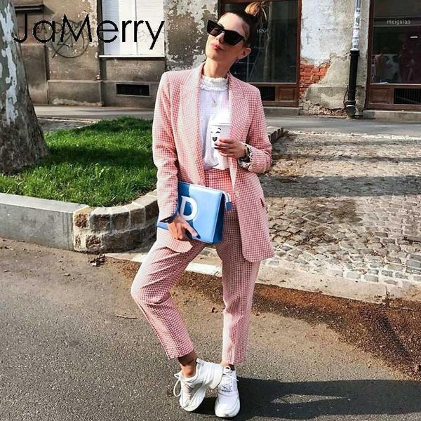 

jamerry vintage casual women pink plaid blazer suit autumn single breasted long sleeve female office pants suits winter outwear1, White