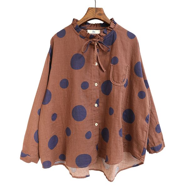 

2021 new flax blouse new spring summer mode women complete color yellow dots stain collar shirt jn36, White