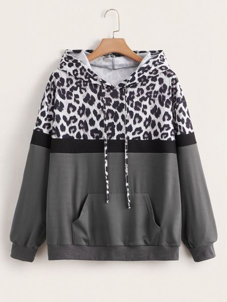 

plus leopard panel colorblock drop shoulder drawstring hoodie p98q#, Black