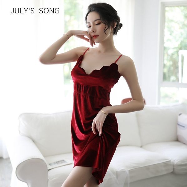 

july's song woman sleepwear dress velvet nightdress autumn winter v-neck nightgown sling nightwear homewear chest pad y200425, Black;red